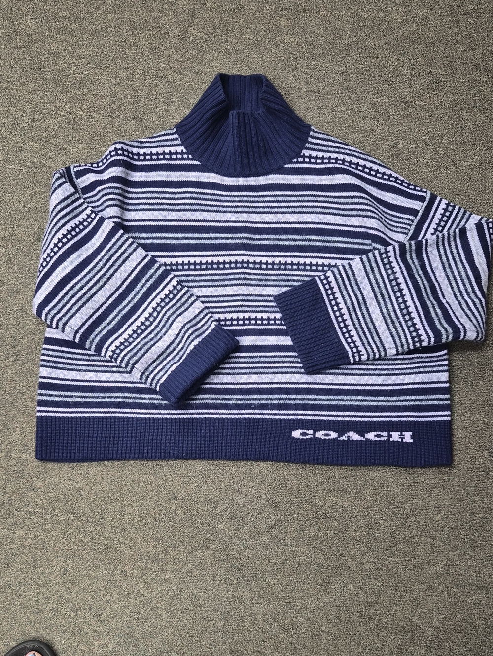 Womams COACH Navy and White Striped Turtleneck Sweater